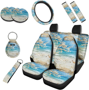 Beach Car Seat Cover Set of 10, Ocean Island Soft Automotive Rear Front Seat Protector Car Interior Cover, Seaside Elastic Safety Belt Coaster Keychain