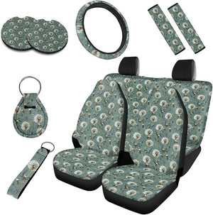 Dandelion 10 Pcs Car Seat Covers Full Set, Green Flower Field Breathable Front Rear Seat Cover Steering Wheel Protector for Car Truck SUV, Countryside Universal Fit