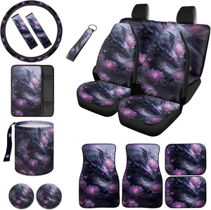 Dragon Lotus Print Car Seat Covers with Floor Mats and Steering Wheel Cover Full Set Universal Center Console Pad Safety Belt Pads Garbage Bag Cup Coasters for Sedan Truck SUV