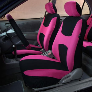 FH Group Car Seat Covers Combo Full Set with Carpet Floor Mats Steering Wheel Cover and Seat Belt Pads- Universal Fit for Cars Trucks and SUVs Pink
