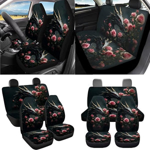 Dragon Rose Print Car Front and Rear Seat Covers with Steering Wheel Cover Center Console Pad Seatbelt Pads Floor Mats Trash Bag Cup Cushions Universal Fit Truck Sedan SUV