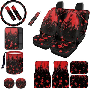 Bloody Hand Print Car Seat Cover Full Set Universal Fit Car Front Back Seat Covers Floor Carpets Steering Wheel Cover Armrest Cushion Safety Belt Pads for Most Cars, Auto Decor