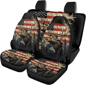 Howilath Car Seat Covers Universal Fit 4-Piece Set, American Flag Deer Print Anti-Slip Elastic Front &amp; Rear Seat Protectors for Cars, SUVs, Trucks