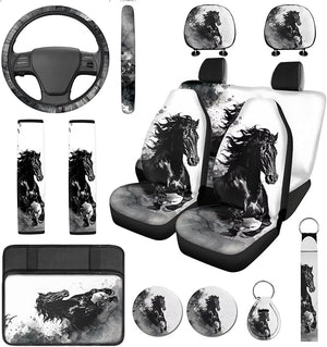 Horse Car Seat Covers, Black Horse Car Accessories Full Set with Steering Wheel Cover Men Center Console Pad, Seat Belt Cover Universal Fit SUV Truck Auto Interior Decorations 14 Pcs