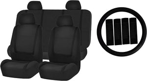 FH Group Automotive Seat Covers Unique Flat Cloth Black Full Set, Combo Steering Wheel Cover and Seat Belt Pads Rear Solid Bench Universal Fit for Vans Cars Trucks and SUV Interior Accessories