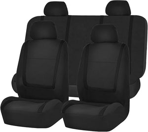FH Group Automotive Seat Covers Unique Flat Cloth Black Full Set, Combo Steering Wheel Cover and Seat Belt Pads Rear Solid Bench Universal Fit for Vans Cars Trucks and SUV Interior Accessories
