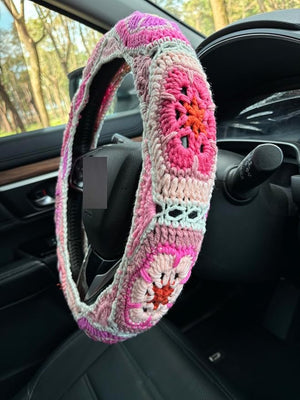 Crochet Galsang Flower Car Steering Wheel Covers,Cute Seat Belt Cover,Car Interior Accessories Decorations (Pink:Wheel Cover+2Belt Cover)
