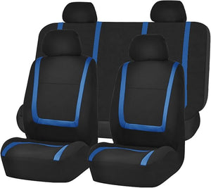 FH Group Automotive Seat Covers Unique Flat Cloth Blue Full Set, Combo Steering Wheel Cover and Seat Belt Pads Rear Solid Bench Universal Fit for Vans Cars Trucks and SUV Interior Accessories