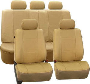 FH Group Automotive Seat Cover Deluxe Leatherette Full Set Beige Black, Combo Slip Dash Grip Pad Car Seat Covers Interior Accessories Cars Trucks SUV Car Accessories Airbag Compatible Split Bench Tan
