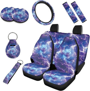 Cosmic Lightning Car Seat Cover Set of 10, 3D Graphic Soft Automotive Rear Front Seat Protector Car Interior Cover, Starry Night Elastic Safety Belt Coaster Keychain