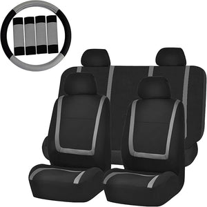FH Group Automotive Seat Covers Unique Flat Cloth Gray Full Set, Combo Steering Wheel Cover and Seat Belt Pads Rear Solid Bench Universal Fit for Vans Cars Trucks and SUV Interior Accessories