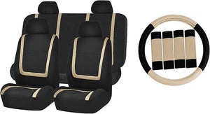 FH Group Automotive Seat Covers Unique Flat Cloth Beige Full Set, Combo Steering Wheel Cover and Seat Belt Pads Rear Solid Bench Universal Fit for Vans Cars Trucks and SUV Interior Accessories
