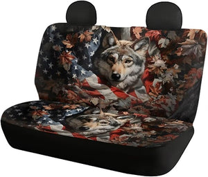 Howilath Car Seat Covers 4-Piece Set USA Flag Wolf Breathable Soft Fabric, Universal Fit Front &amp; Rear Bench Seat Protectors for All Seasons