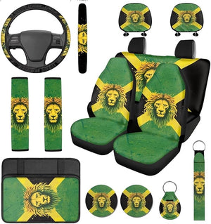 Jamaica Car Seat Covers Full Set with Steering Wheel Cover Lion Print Seatbelt Cover Pad Jamaican Flag Armrest Cushion Pads Cup Coasters Key Chains for Auto Truck Sedan SUV Green 14 Pcs