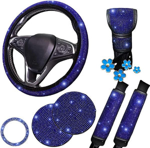 11 pcs Bling Car Accessories Set for Women,Steering Wheel Cover,Sparkly Seat Belt Covers,Daisy Vent Clips,Bling Shift Cover,Car Cup Holder Coaster,Universal Fit Most Cars (Blue Diamond)