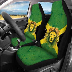 Jamaica Car Seat Covers Full Set with Steering Wheel Cover Lion Print Seatbelt Cover Pad Jamaican Flag Armrest Cushion Pads Cup Coasters Key Chains for Auto Truck Sedan SUV Green 14 Pcs