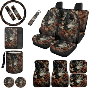 Wolf Camo Hunting Car Seat Covers Full Set American Flag Print Car Front Rear Seat Covers with Steering Wheel Cover Armrest Cushion Safety Belt Pads Floor Carpets Keychain