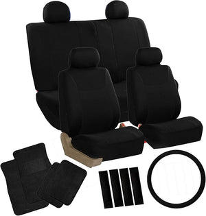 FH Group Car Seat Covers Combo Full Set with Carpet Floor mats Steering Wheel Cover and Seat Belt Pads- Universal Fit for Cars Trucks and SUVs Black