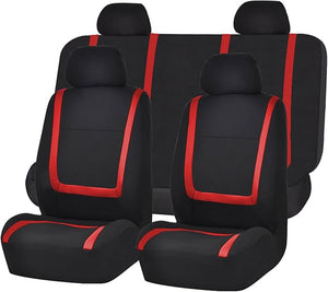 FH Group Automotive Seat Covers Unique Flat Cloth Red/Black Full Set, Combo Steering Wheel Cover and Seat Belt Pads Rear Solid Bench Universal Fit for Vans Cars Trucks and SUV Interior Accessories