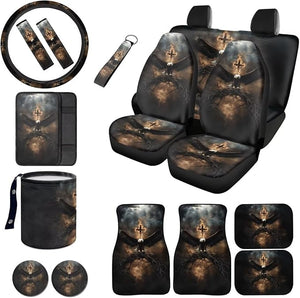 Eagle Print Car Seat Cover Set of 16 Fire Cross Print Car Front Rear Seat Covers Steering Wheel Cover Safety Belt Pads Center Console Pad Trash Bin Floor Carpets Cup Coasters