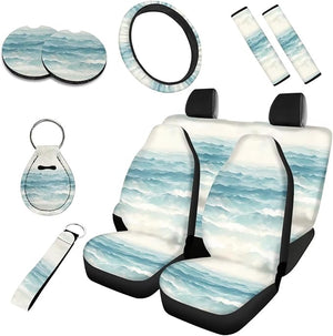 Ocean Wave 10 Pcs Car Seat Covers Full Set, Sea Wavy Breathable Front Rear Seat Cover Steering Wheel Protector for Car Truck SUV, Abstract Blue Mountain Universal Fit