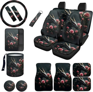 Dragon Rose Print Car Front and Rear Seat Covers with Steering Wheel Cover Center Console Pad Seatbelt Pads Floor Mats Trash Bag Cup Cushions Universal Fit Truck Sedan SUV