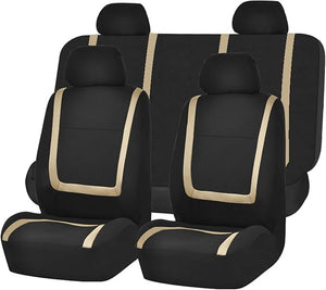 FH Group Automotive Seat Covers Unique Flat Cloth Beige Full Set, Combo Steering Wheel Cover and Seat Belt Pads Rear Solid Bench Universal Fit for Vans Cars Trucks and SUV Interior Accessories