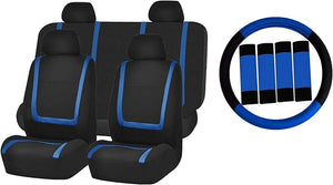 FH Group Automotive Seat Covers Unique Flat Cloth Blue Full Set, Combo Steering Wheel Cover and Seat Belt Pads Rear Solid Bench Universal Fit for Vans Cars Trucks and SUV Interior Accessories