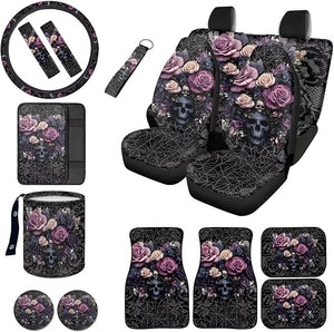 Rose Skull Print Car Seat Cover Full Set Universal Fit Car Front Back Seat Covers Floor Carpets Steering Wheel Cover Armrest Cushion Safety Belt Pads for Most Cars, Auto Decor