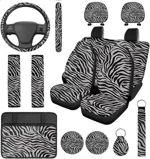 Zebra Print Seat Covers for Cars 14 Pcs Car Accessories Full Set with Steering Wheel Cover Seat Belt Covers Armrest Cushion Protector Auto Interior Decor Set Universal Fit SUVs Trucks
