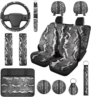 Snake Skin Car Seat Cover with Steering Wheel Cover Women Python Print Auto Seat Belt Cover Pad with Coasters Keychain Auto Interior Protectors Universal Fit SUV Truck 14 Pcs Grey