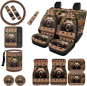 Aztec Bear Print Full Set Car Seat Covers with Accessories Camo Hunting Front and Rear Split Bench Seat Covers Floor Carpets Steering Wheel Cover Center Console Pad etc, Brown