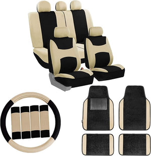 FH Group Car Seat Covers Combo Full Set with Carpet Floor mats Steering Wheel Cover and Seat Belt Pads- Universal Fit for Cars Trucks and SUVs (Beige)