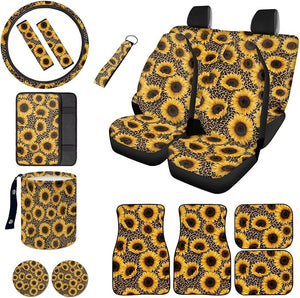 Sunflower Leopard Print Car Interior Cover Set Decorative High Back Bucket Seat Covers with Steering Wheel Cover Safety Belt Pads Floor Rugs Armrest Cushion Garbage Bag Cup Coasters