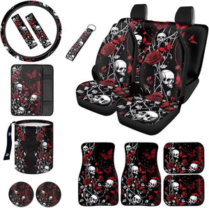 16Pcs Car Seat Covers Full Set Skull Rose Butterfly Print Car Front Rear Seat Covers with Floor Mats Steering Wheel Cover Armrest Cushion Safety Belt Pads Garbage Bag Cup Coasters
