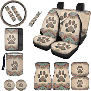 Dog Paw Print Full Set Car Seat Covers with Accessories Boho Mandala Flower Print Front and Rear Split Bench Seat Covers Floor Carpets Steering Wheel Cover Center Console Pad etc