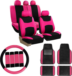 FH Group Car Seat Covers Combo Full Set with Carpet Floor Mats Steering Wheel Cover and Seat Belt Pads- Universal Fit for Cars Trucks and SUVs Pink
