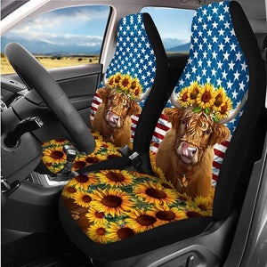 Highland Cow Car Seat Covers Full Set 14 Pcs Car Accessories with Steering Wheel Cover Sunflower Seat Belt Covers Protector Armrest Cushion Pad with Keychain, Auto Interior Decor