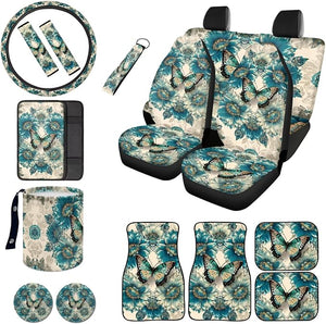 Butterfly Flower Print Car Seat Covers Full Set Includes Car Front Back Seat Covers Rubber Mats Steering Wheel Cover Center Console Pad Safety Belt Pads Garbage Bag Key Chain