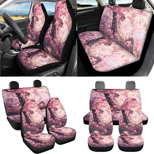 Skeleton Flower Print Car Front and Rear Seat Covers with Steering Wheel Cover Center Console Pad Seatbelt Pads Floor Mats Trash Bag Cup Cushions Universal Fit Truck Sedan SUV