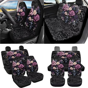 Rose Skull Print Car Seat Cover Full Set Universal Fit Car Front Back Seat Covers Floor Carpets Steering Wheel Cover Armrest Cushion Safety Belt Pads for Most Cars, Auto Decor
