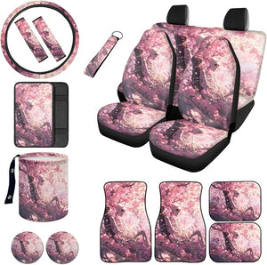Skeleton Flower Print Car Front and Rear Seat Covers with Steering Wheel Cover Center Console Pad Seatbelt Pads Floor Mats Trash Bag Cup Cushions Universal Fit Truck Sedan SUV