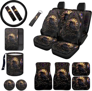 Crow Print Automotive Seat Covers &amp; Accessories Full Set of 16, Easy Install Car Front Rear Seat Covers Steering Wheel Cover Center Console Pad Safety Belt Pads Garbage Bag Floor Mats