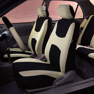 FH Group Car Seat Covers Combo Full Set with Carpet Floor mats Steering Wheel Cover and Seat Belt Pads- Universal Fit for Cars Trucks and SUVs (Beige)