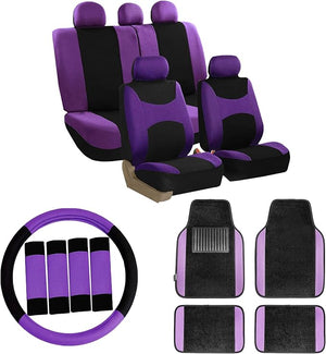 FH Group Car Seat Covers Combo Full Set with Carpet Floor mats Steering Wheel Cover and Seat Belt Pads- Universal Fit for Cars Trucks and SUVs Purple
