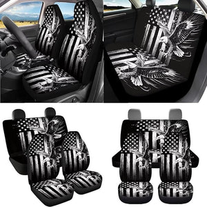 Eagle Print Car Seat Covers Full Set American Flag Print Car Front Rear Seat Covers with Steering Wheel Cover Armrest Cushion Safety Belt Pads Floor Carpets Keychain, Gray