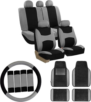FH Group Car Seat Covers Combo Full Set with Carpet Floor mats Steering Wheel Cover and Seat Belt Pads- Universal Fit for Cars Trucks and SUVs (Gray)
