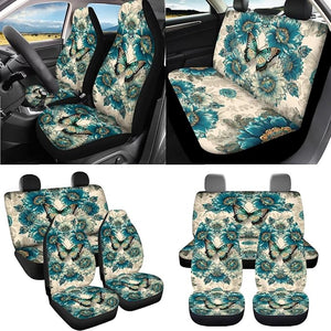 Butterfly Flower Print Car Seat Covers Full Set Includes Car Front Back Seat Covers Rubber Mats Steering Wheel Cover Center Console Pad Safety Belt Pads Garbage Bag Key Chain