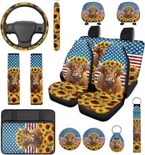 Highland Cow Car Seat Covers Full Set 14 Pcs Car Accessories with Steering Wheel Cover Sunflower Seat Belt Covers Protector Armrest Cushion Pad with Keychain, Auto Interior Decor
