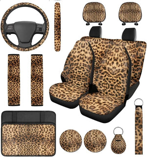 Cheetah Print Seat Covers for Cars Full Set Leopard Steering Wheel Cover Women Seat Belt Cushion Pads Center Console Protector with Headrest Fit SUVs Trucks 14 Pcs Auto Accessories Decor